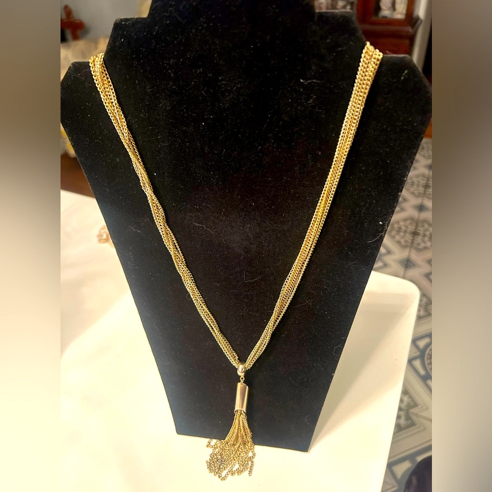 Gold tone Necklace multi chain with unique geometric pendant